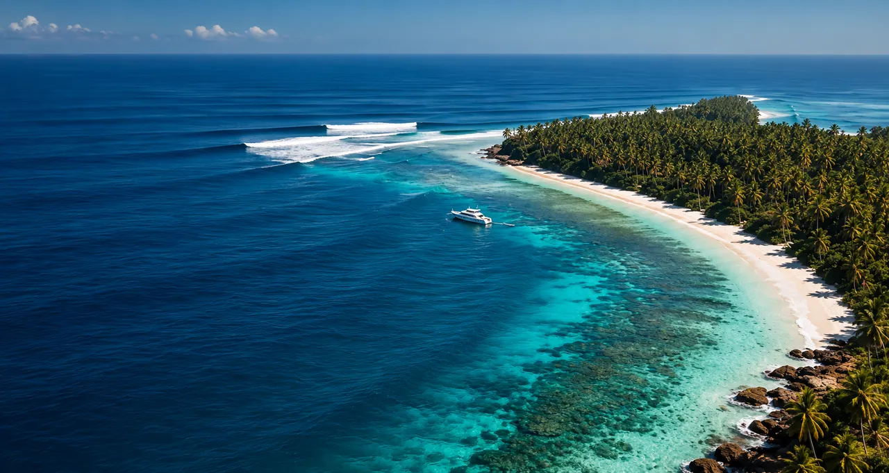 Aerial view of a wave peeling along a reef lined with palm trees
